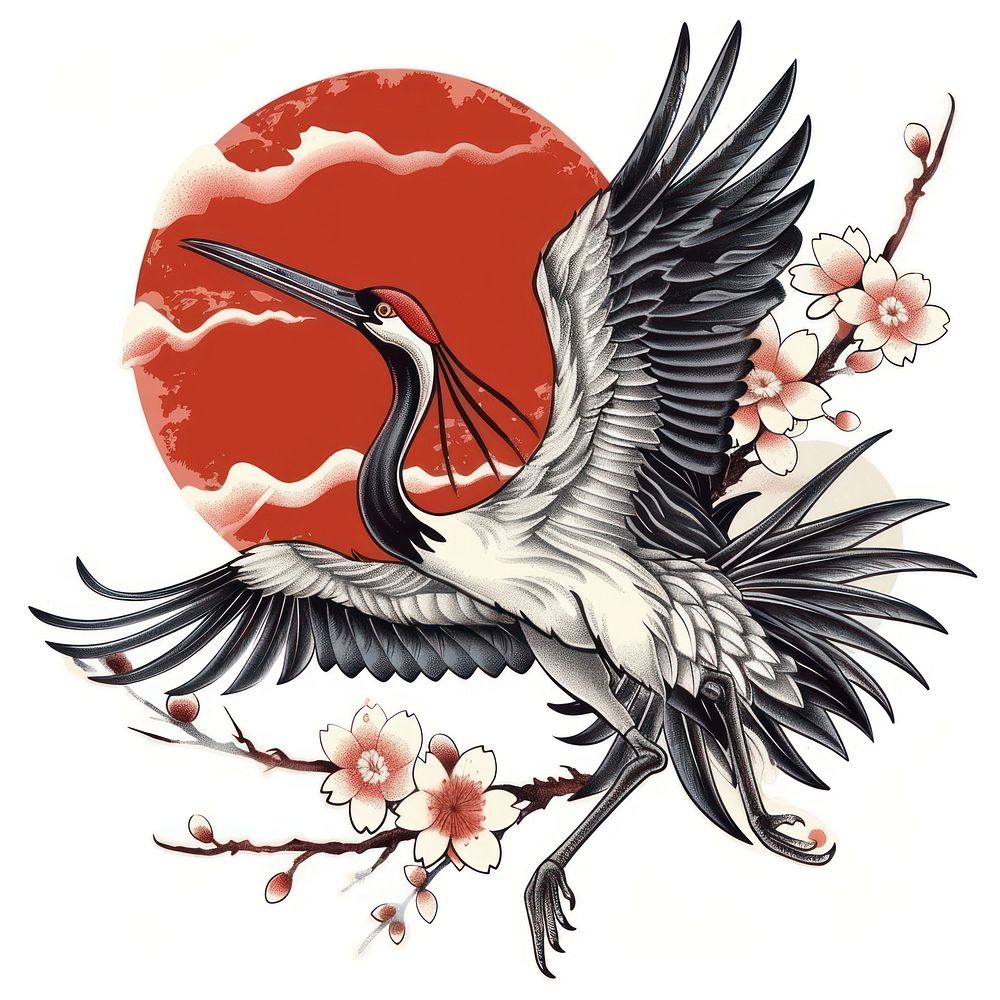 Tattoo illustration of a cranes waterfowl blossom animal.