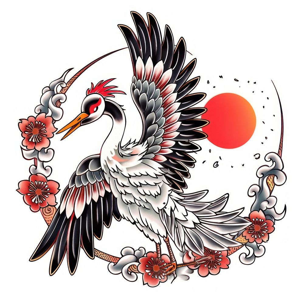 Tattoo illustration of a japanese crane illustrated waterfowl drawing.