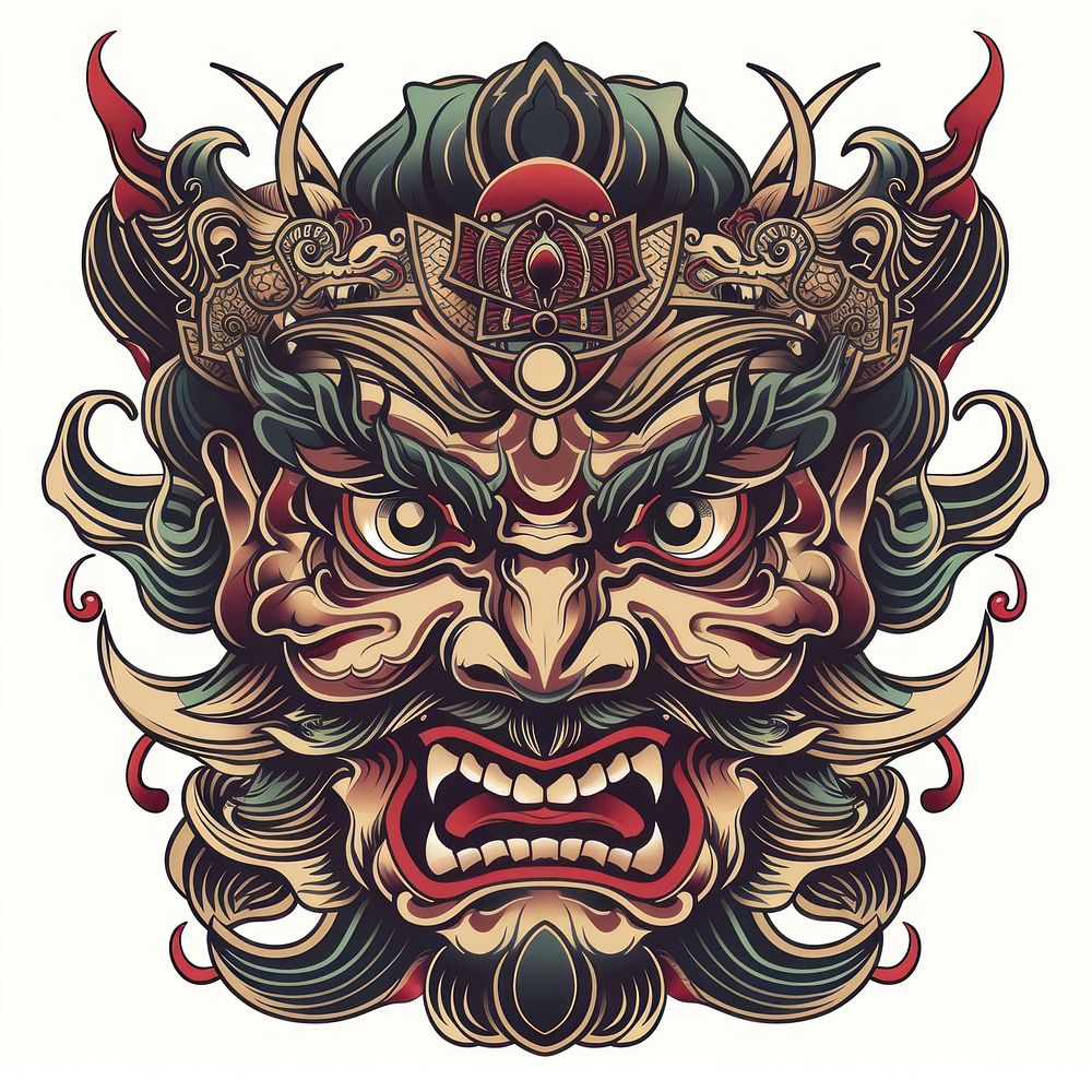 Tattoo illustration of a buddhist face architecture emblem symbol.