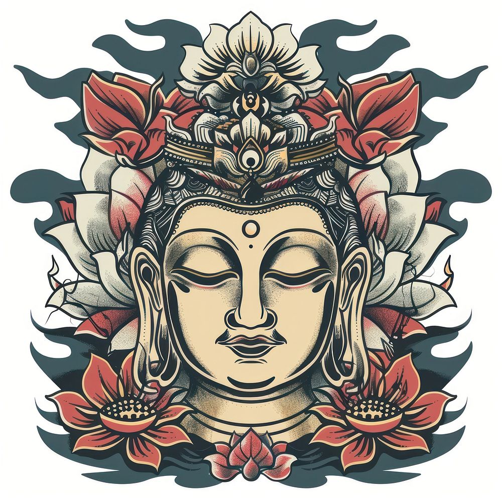 Tattoo illustration of a buddhist face illustrated worship drawing.