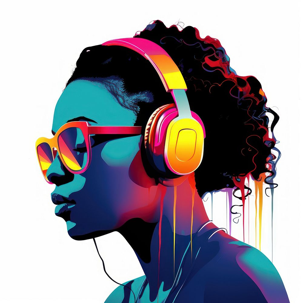 African American woman headphones face electronics.