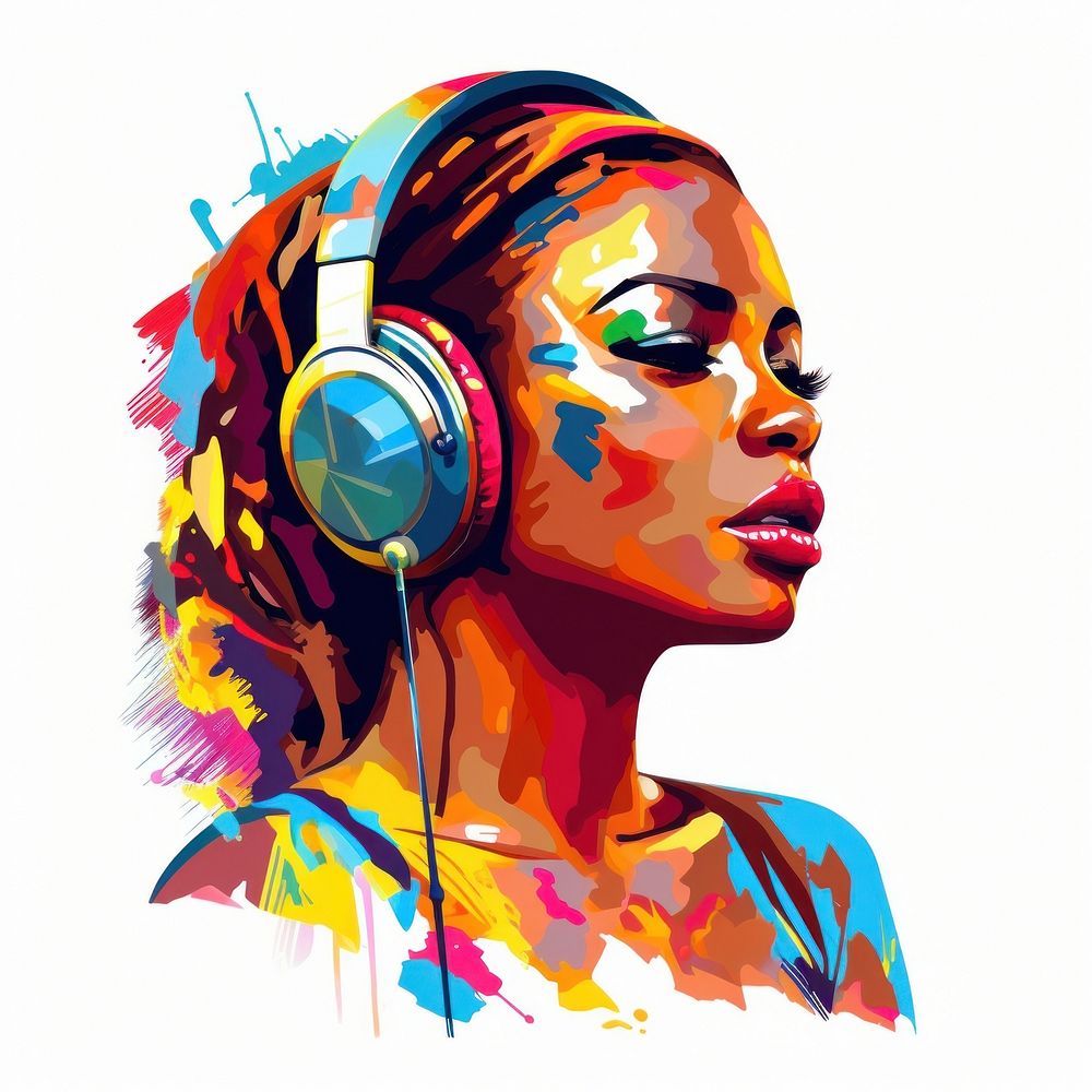African American woman headphones portrait face.