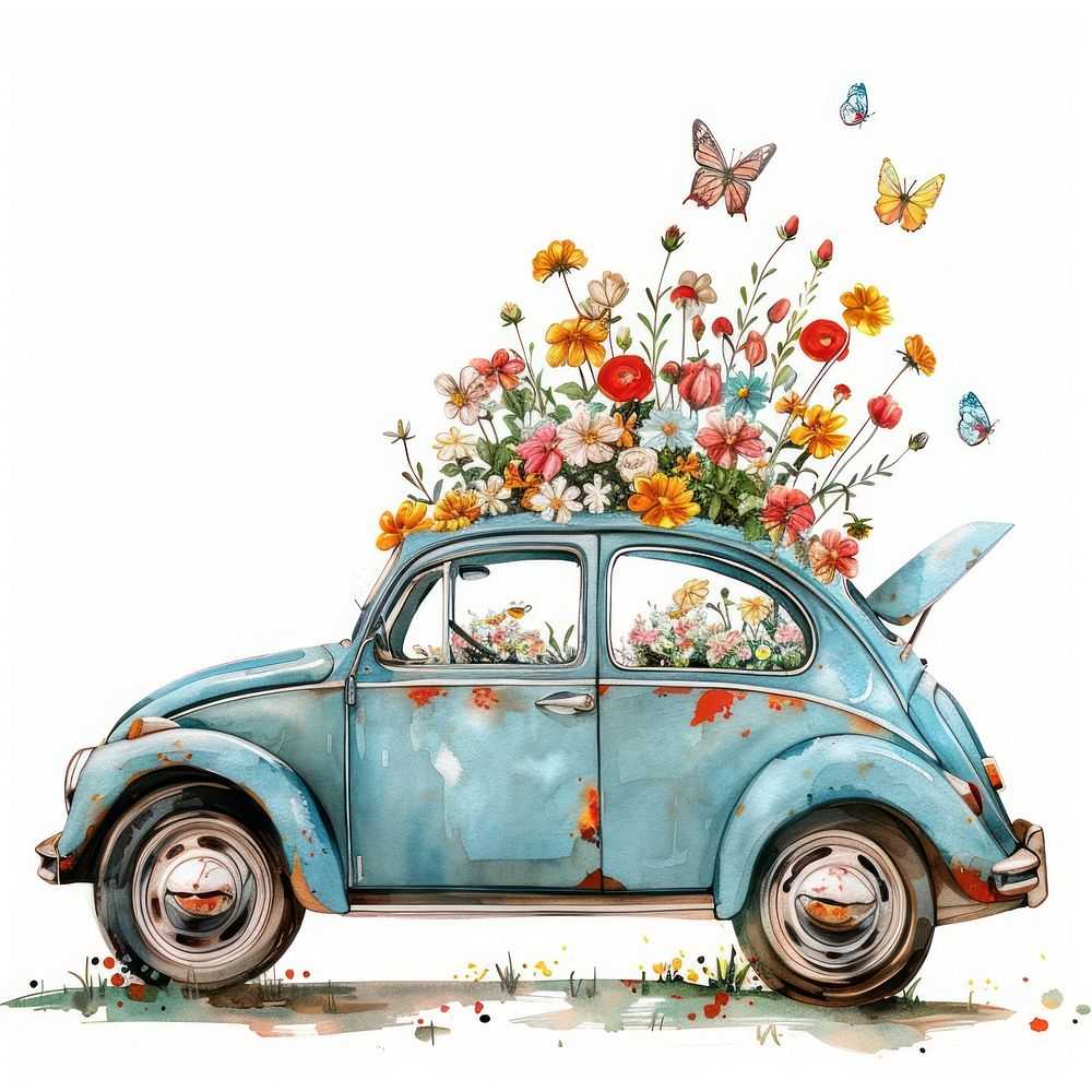 Illustration car watercolor flower art transportation.