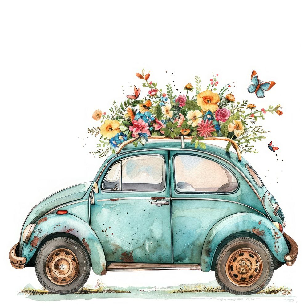 Illustration car watercolor flower art transportation.