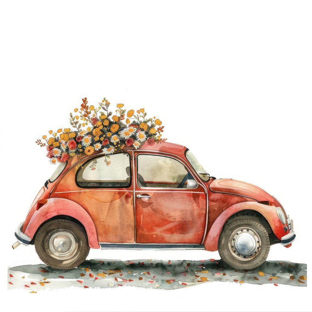 Illustration car watercolor flower art transportation.