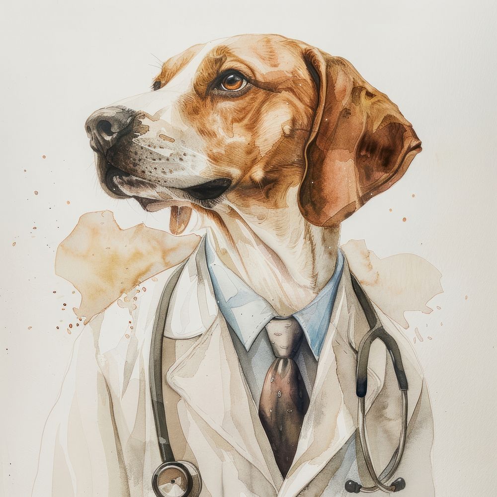 Illustration dog watercolor doctor veterinarian accessories.