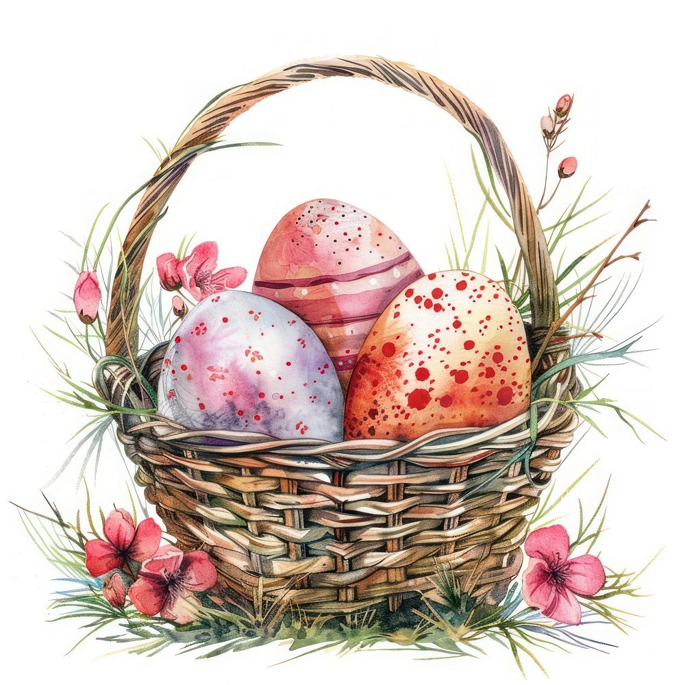 Illustration easter eggs watercolor basket produce fruit.