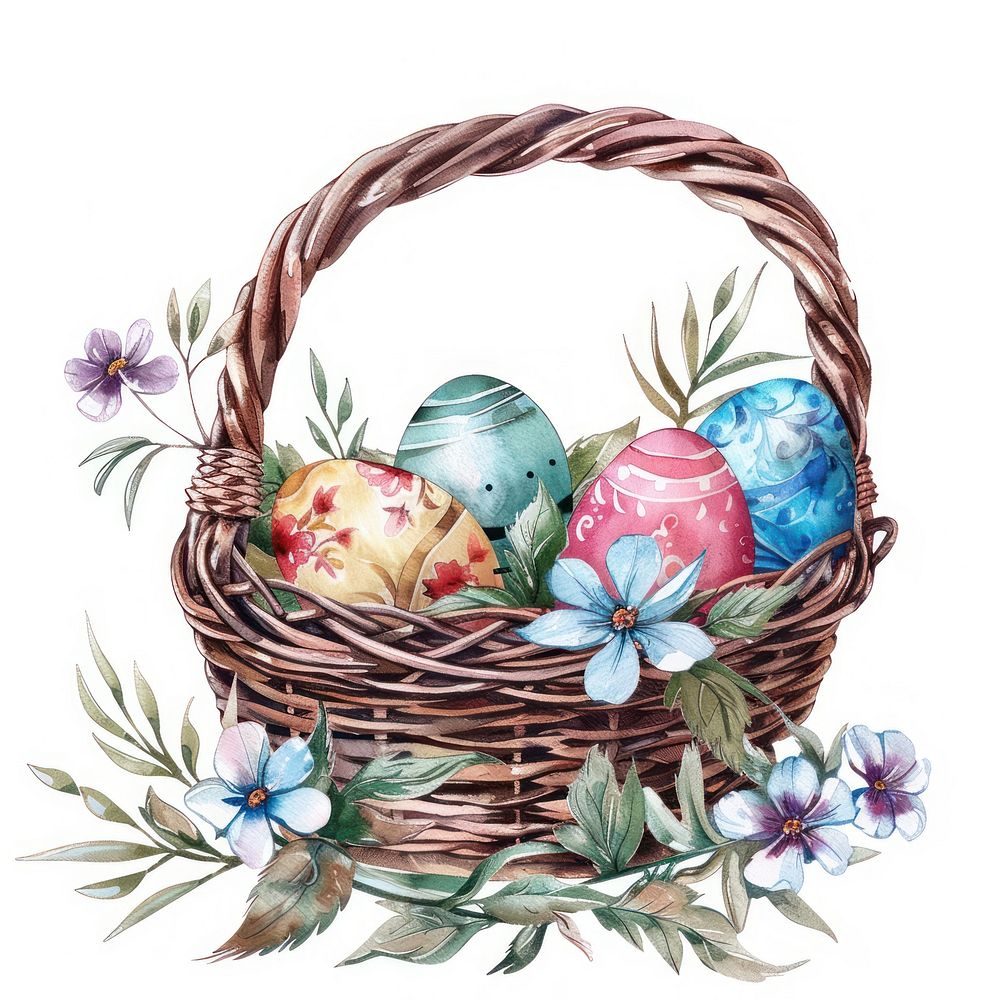 Illustration easter eggs watercolor basket pineapple produce.
