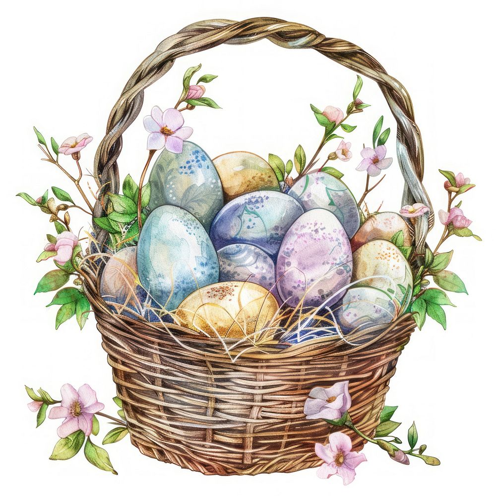 Illustration easter eggs watercolor basket food.