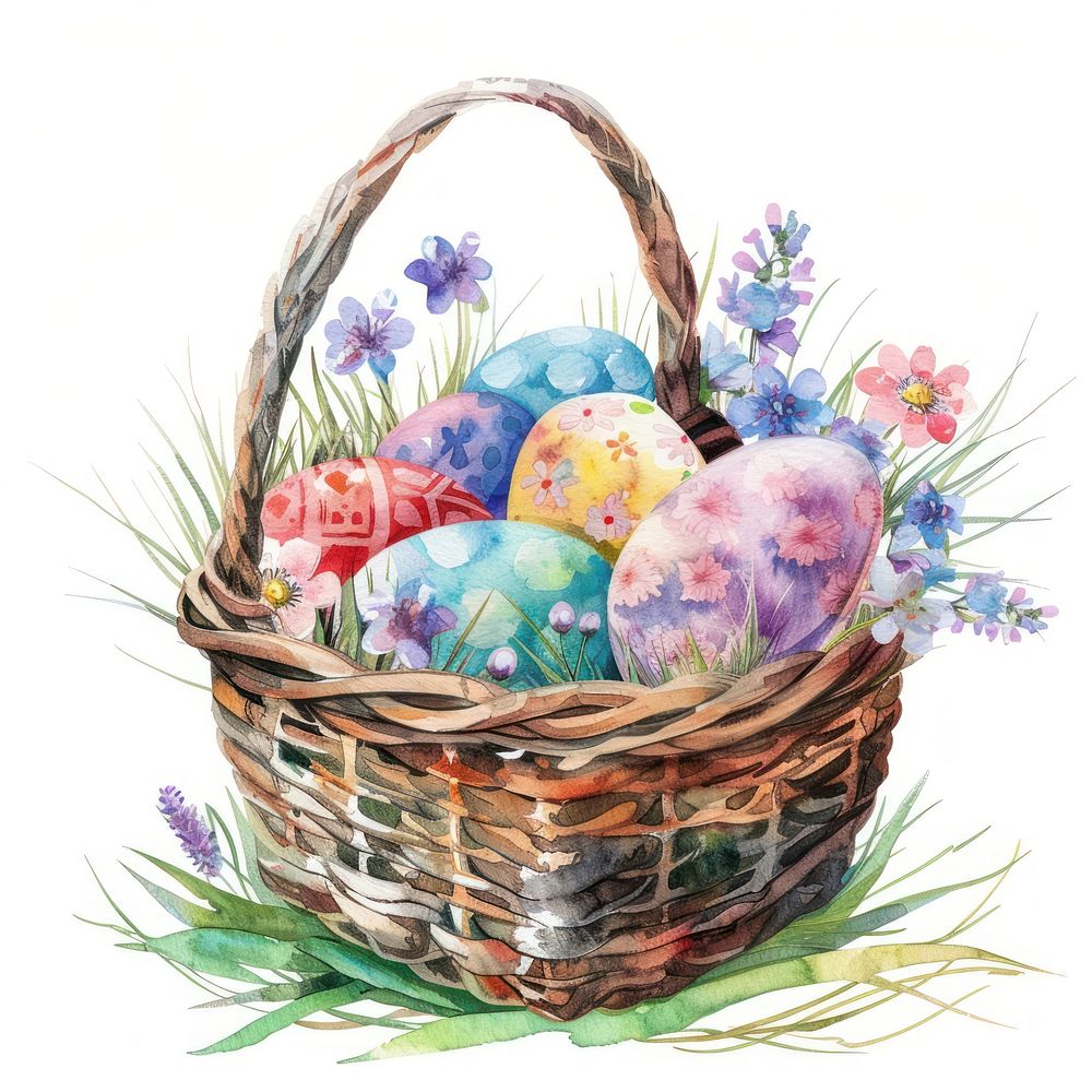 Illustration easter eggs watercolor basket dessert person.