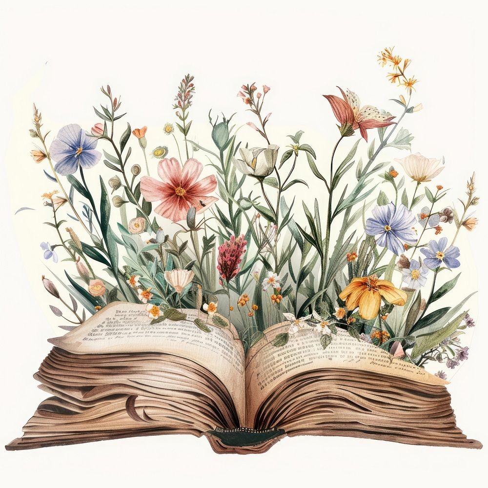Illustration open book with flowers watercolor art publication graphics.