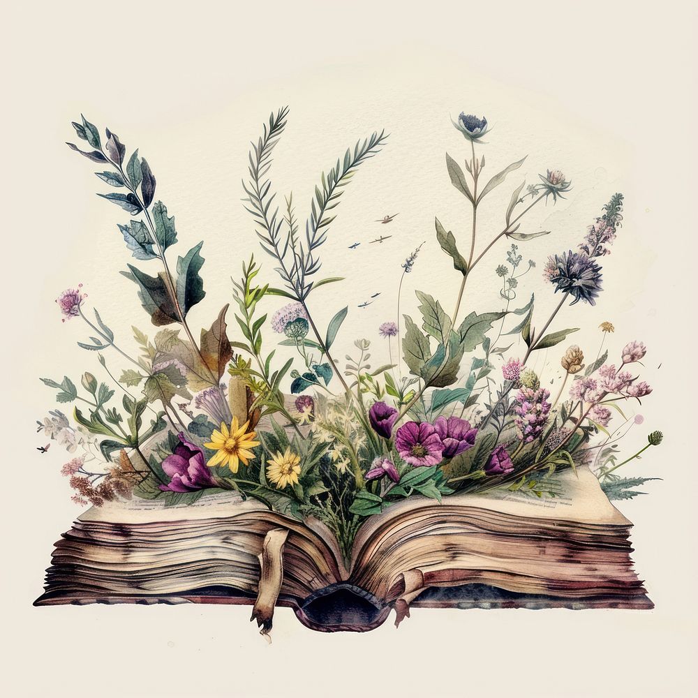 Illustration open book with flowers watercolor art painting graphics.