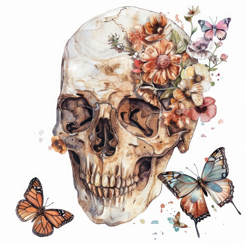 Illustration skull watercolor butterfly art invertebrate.