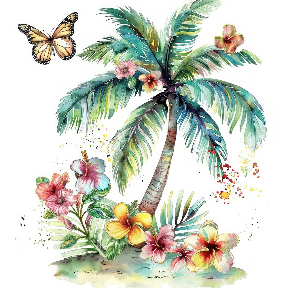 Illustration palm tree watercolor flower art painting.