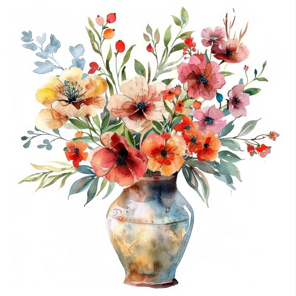 Illustration vase flowers watercolor art painting graphics.