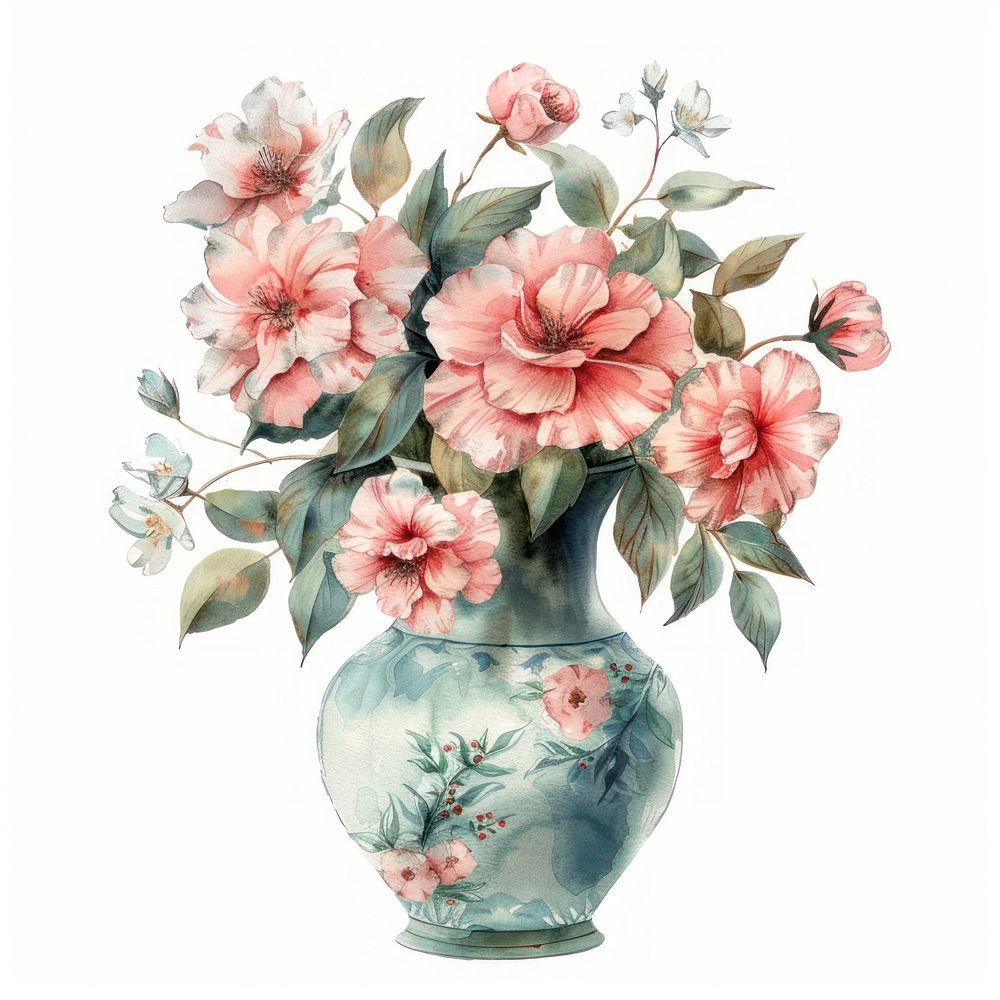 Illustration vase flowers watercolor art porcelain painting.