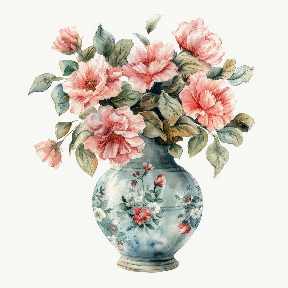 Illustration vase flowers watercolor art porcelain painting.