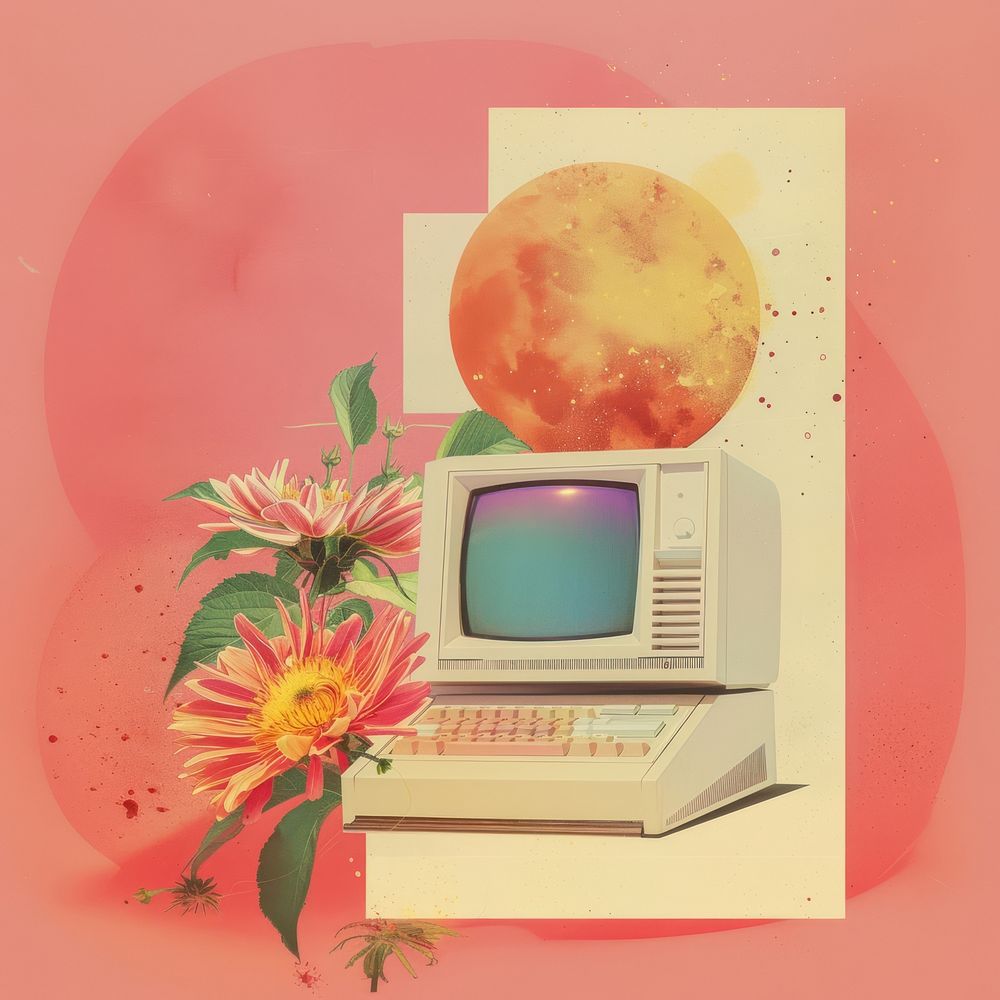 Retro collage of computer flower electronics television.