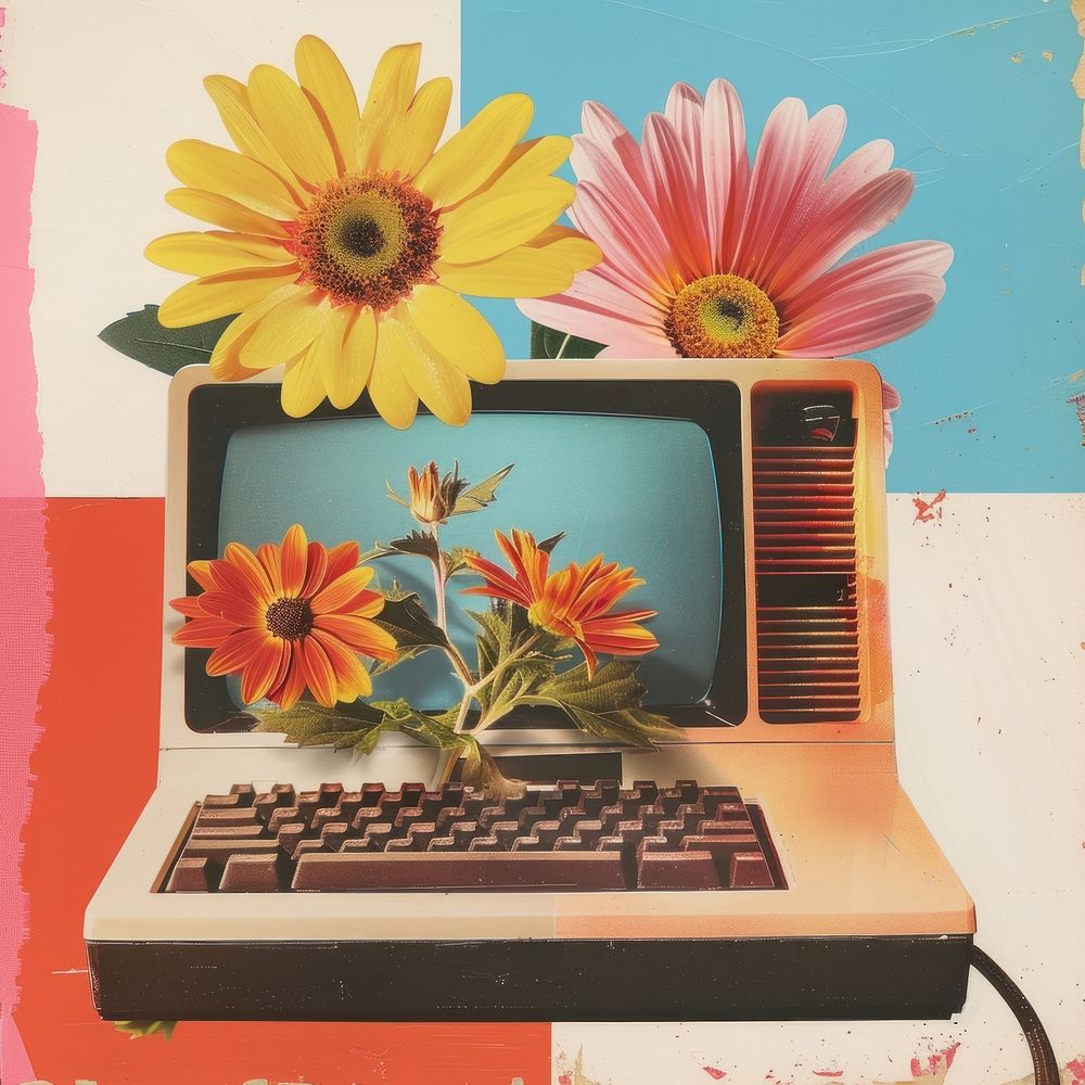 Retro collage of computer flower electronics asteraceae.