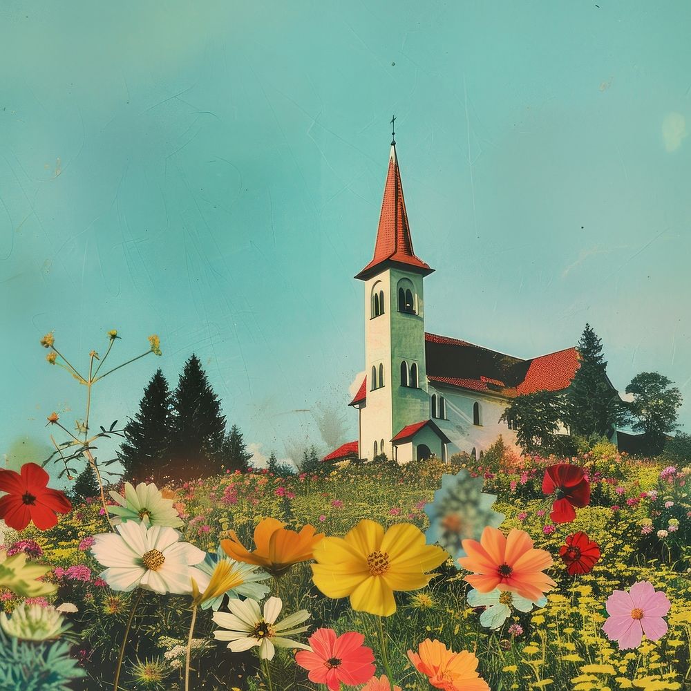 Retro collage of church flower architecture asteraceae.