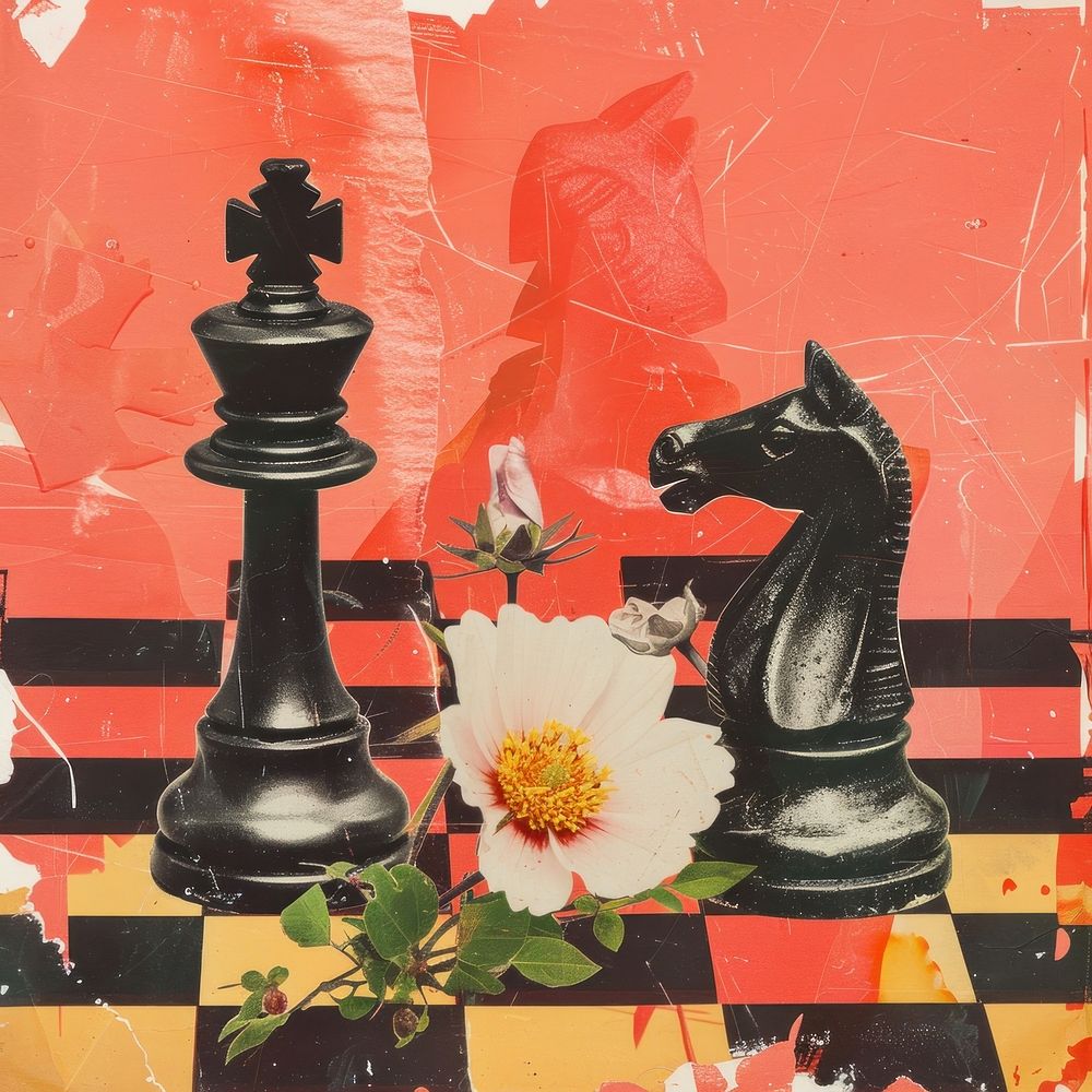 Retro collage of chess flower blossom plant.