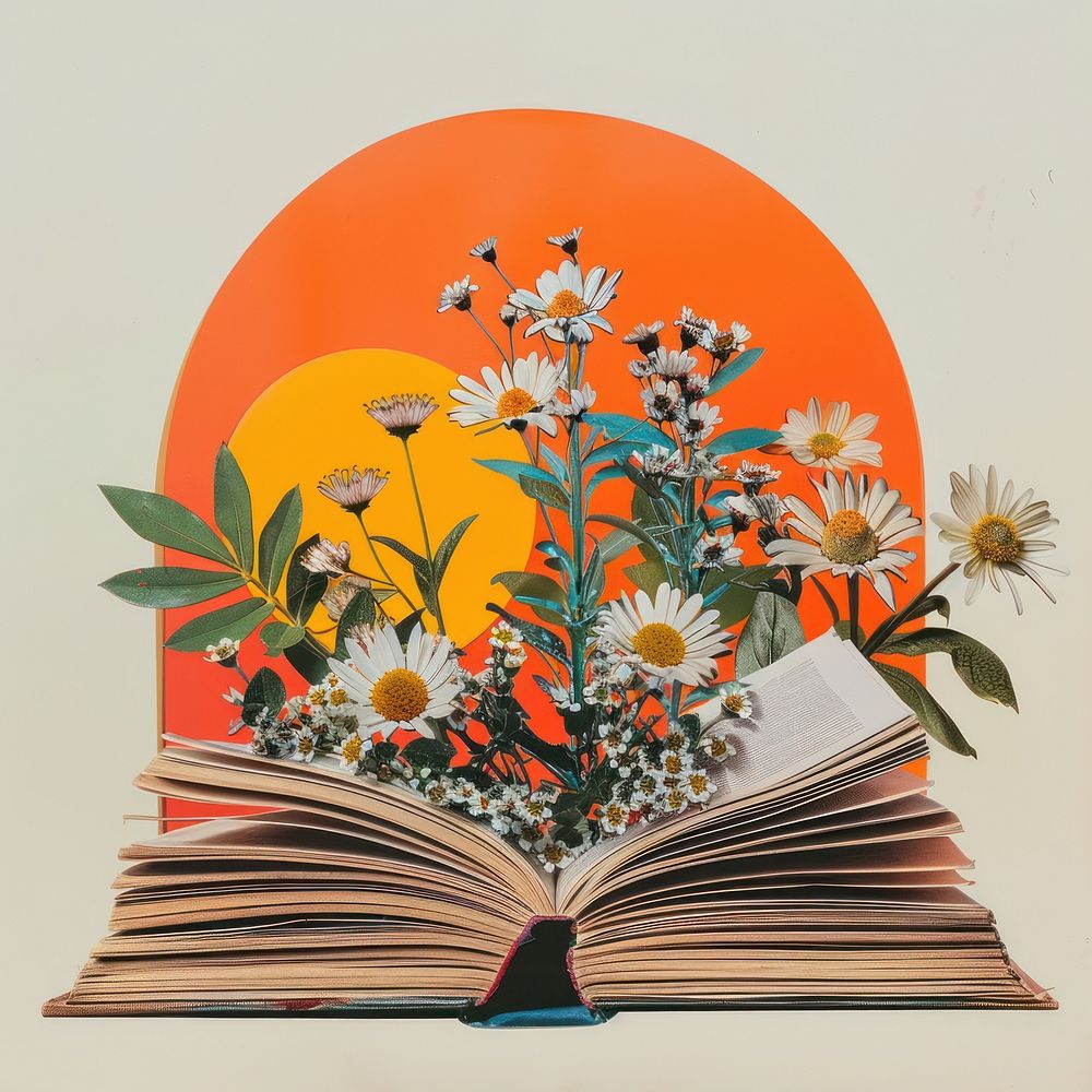 Retro collage of open book with flowers publication asteraceae envelope.