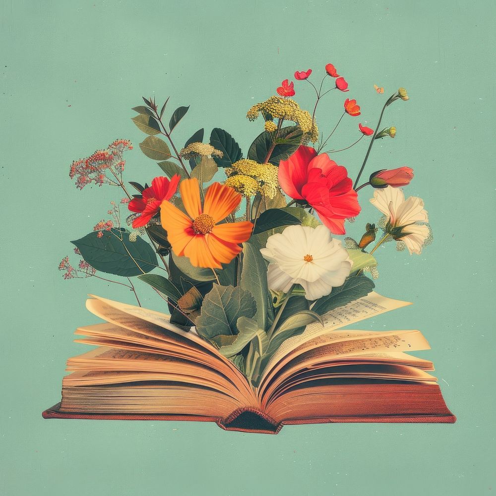 Retro collage of open book with flowers publication graphics painting.