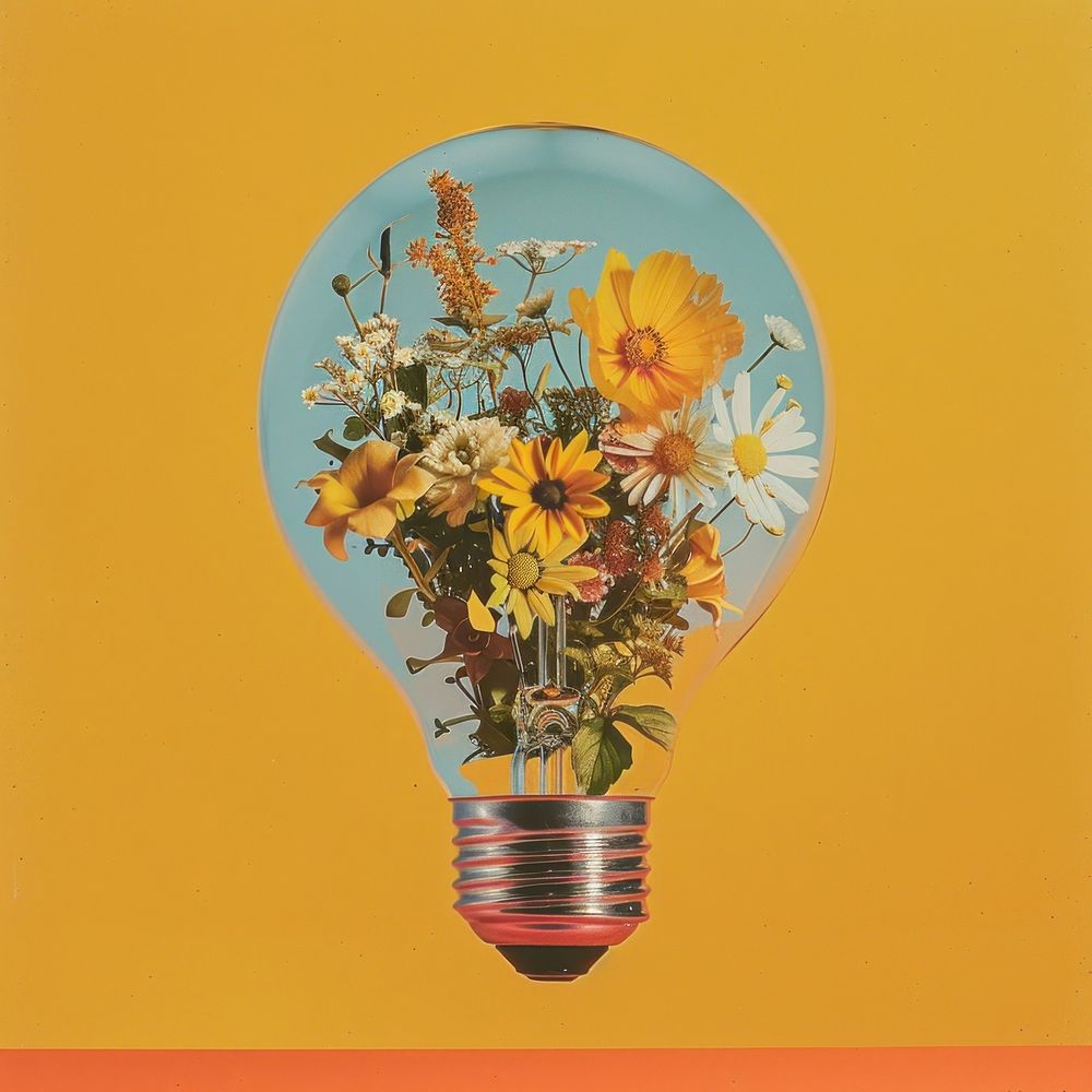 Retro collage of light bulb with flowers asteraceae lightbulb blossom.