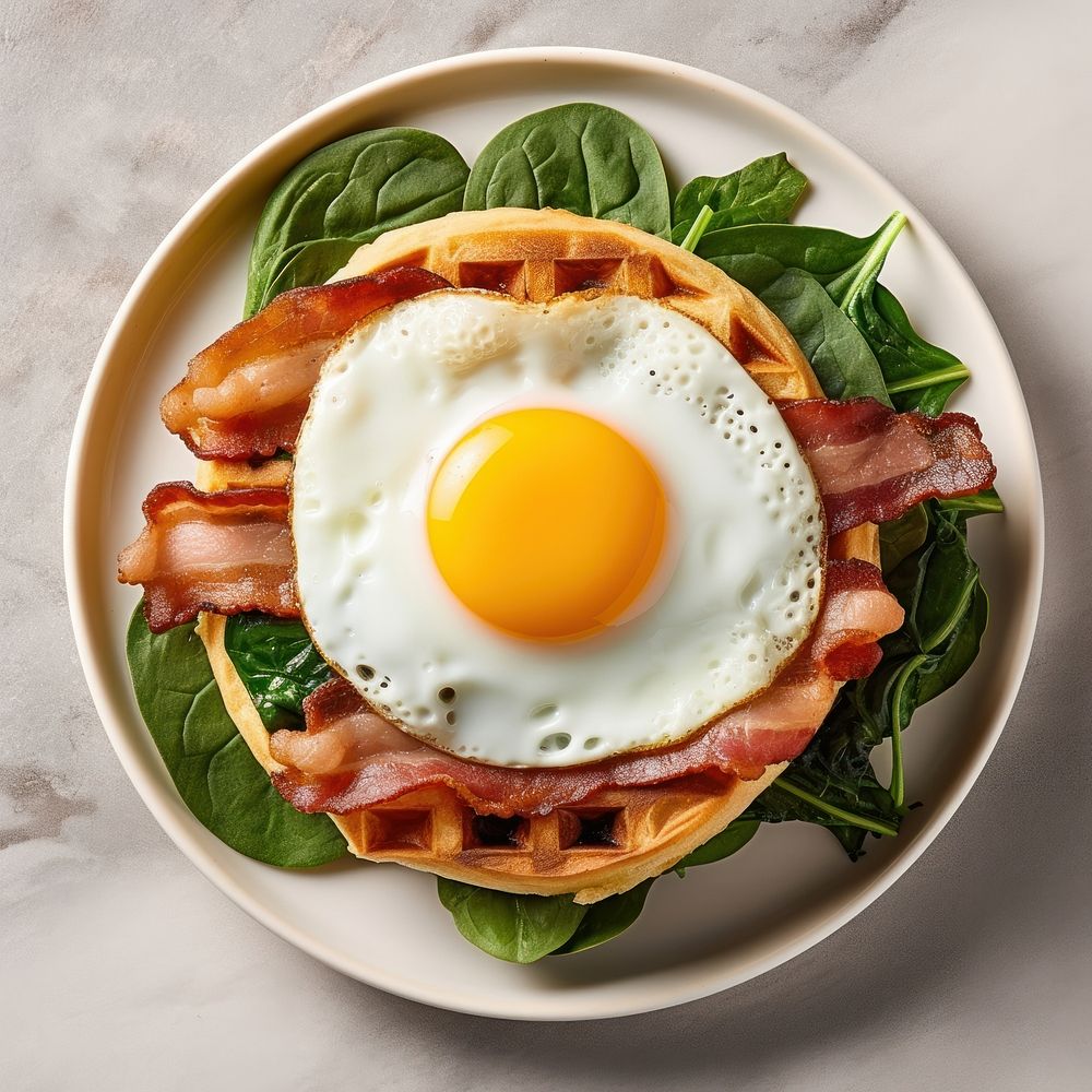 A classic waffle sandwich with bacon plate food egg.