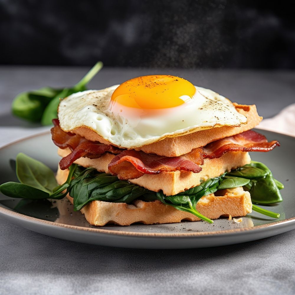 A classic waffle sandwich with bacon food egg burger.