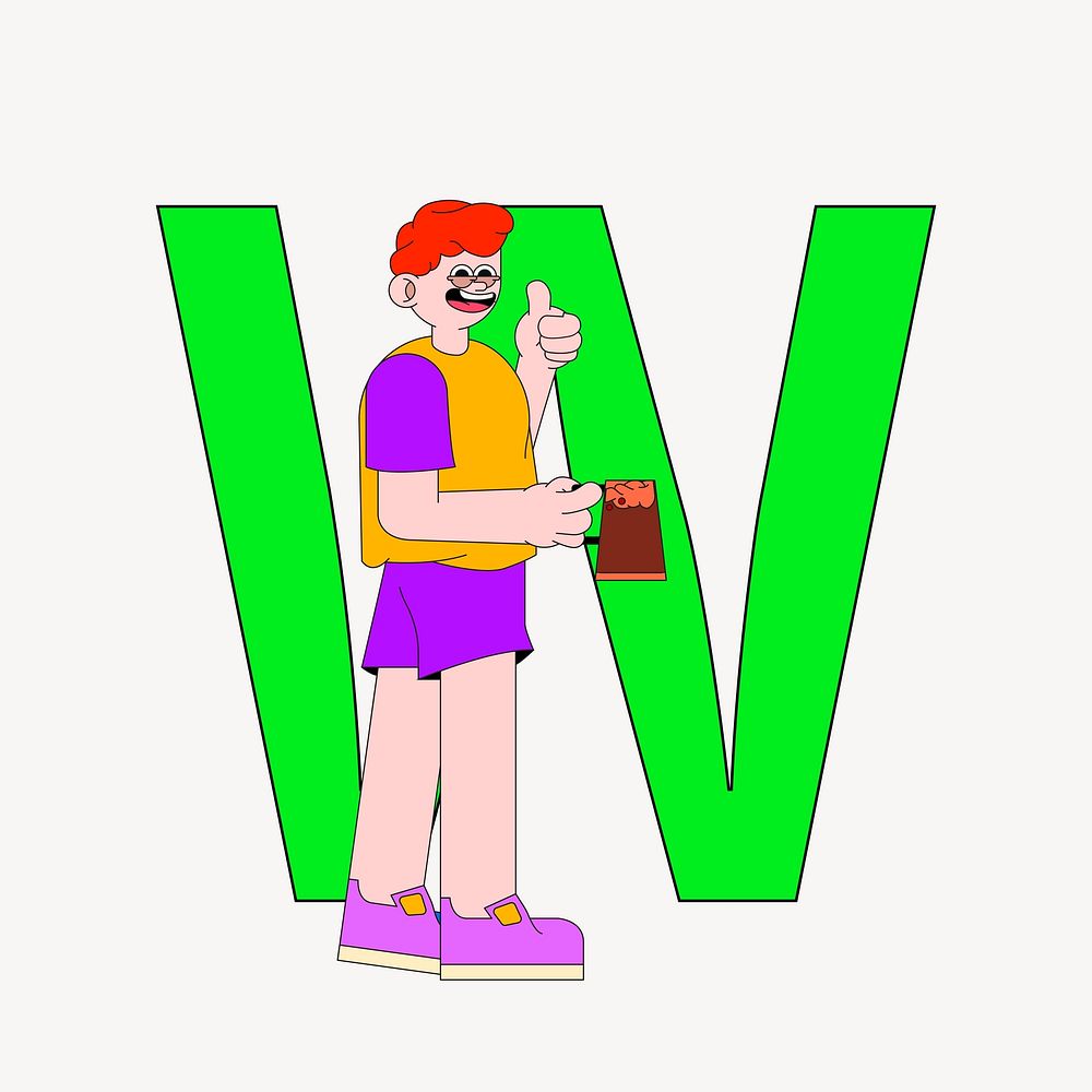 Letter W, character font illustration