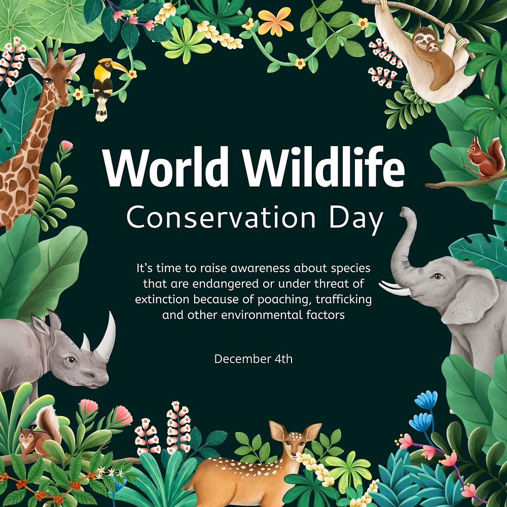 Wildlife conservation Instagram post template,  hand-drawn nature