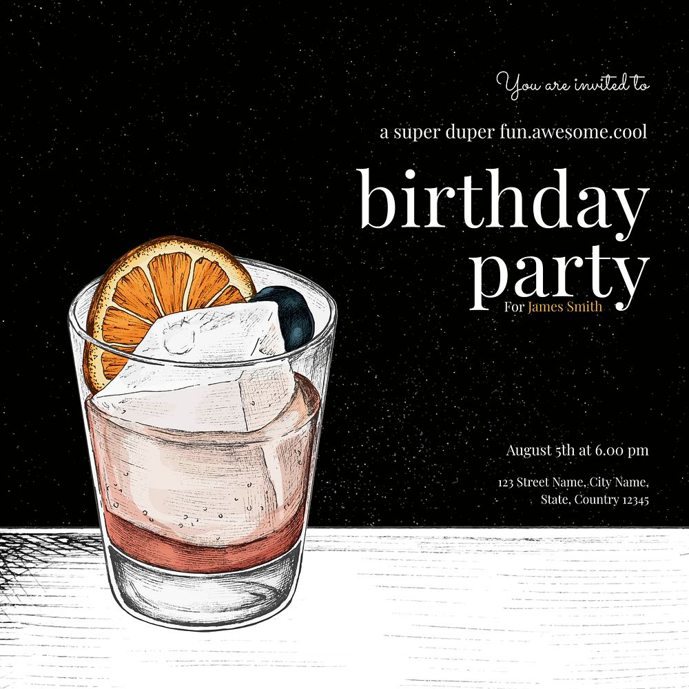 Black birthday Facebook post template, cocktail glass design