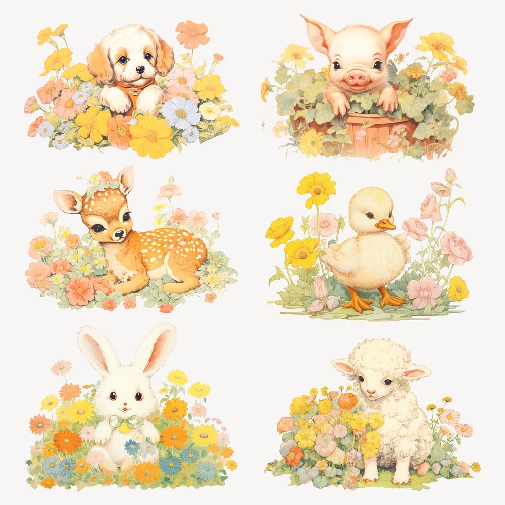 Cute baby animal with flower meadow illustration element set