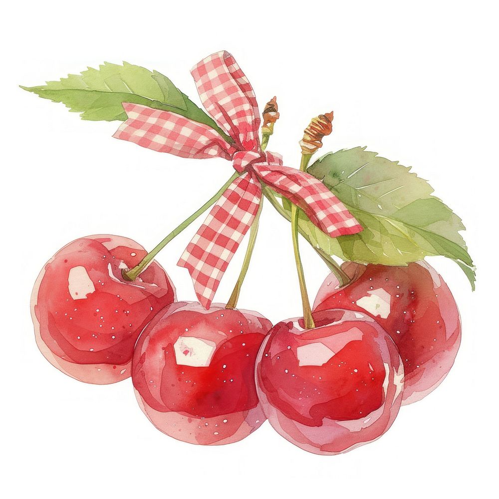 Watercolor cherries with gingham ribbon