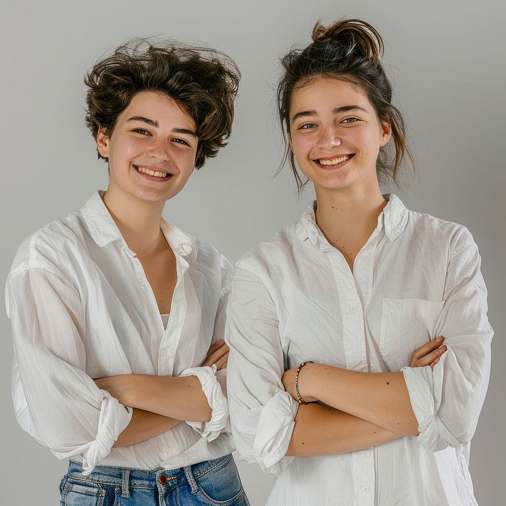 Smiling women in white shirts