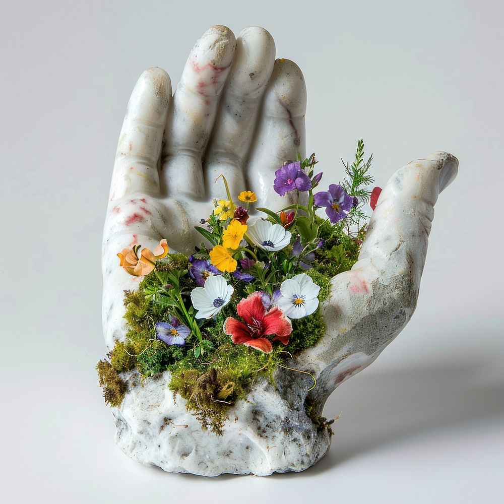 Hand sculpture with blooming flowers