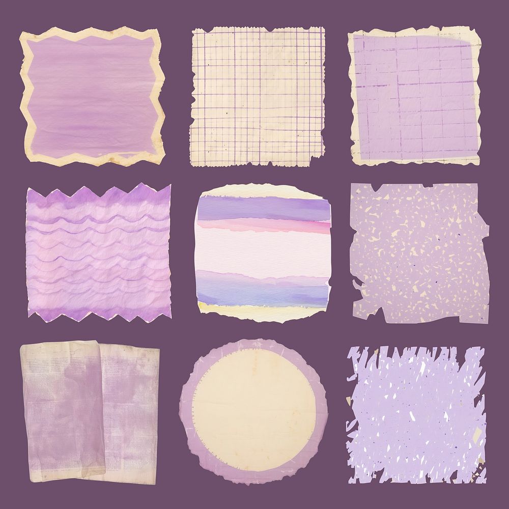 Vintage purple ripped paper element set