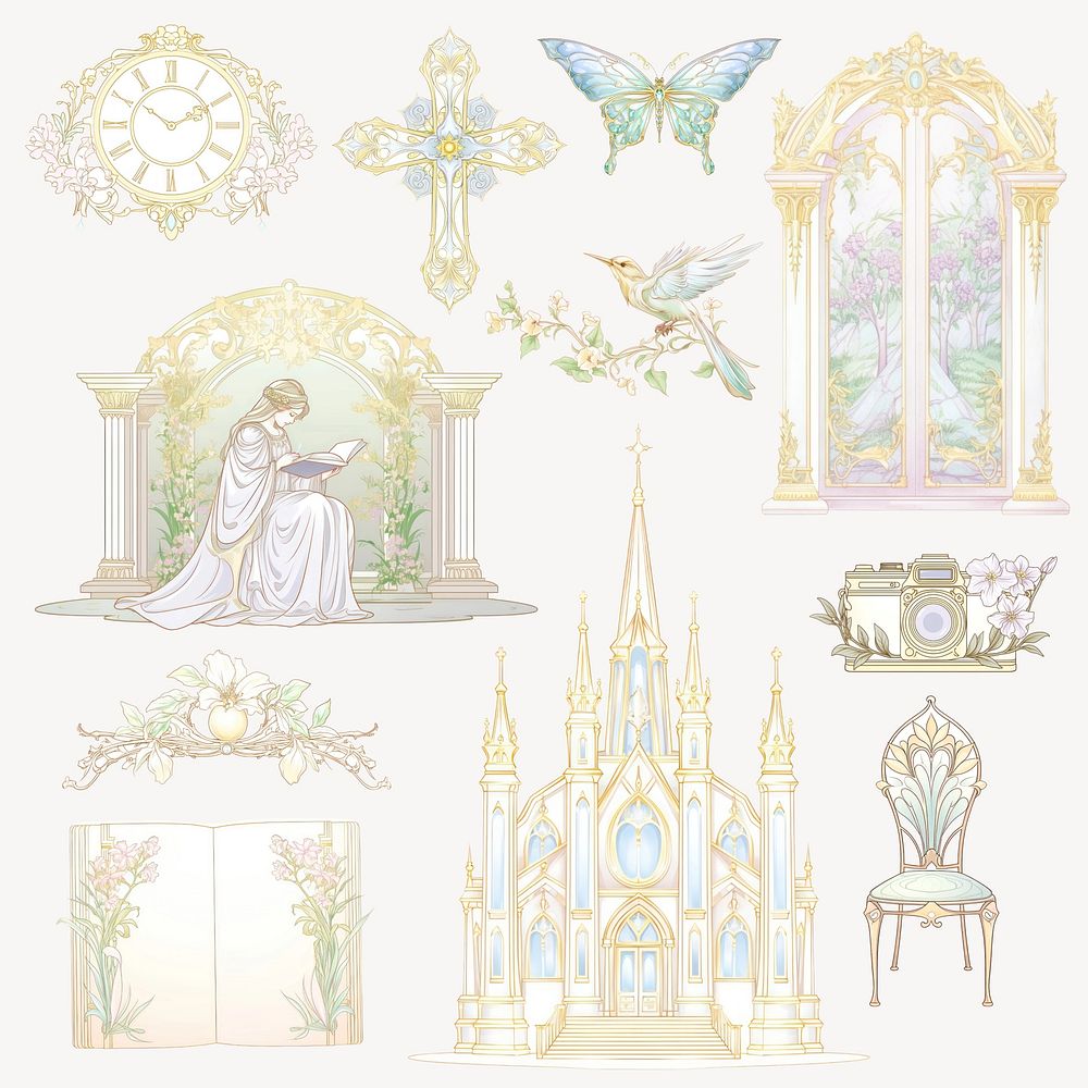 Alphonse Mucha wedding illustration element set