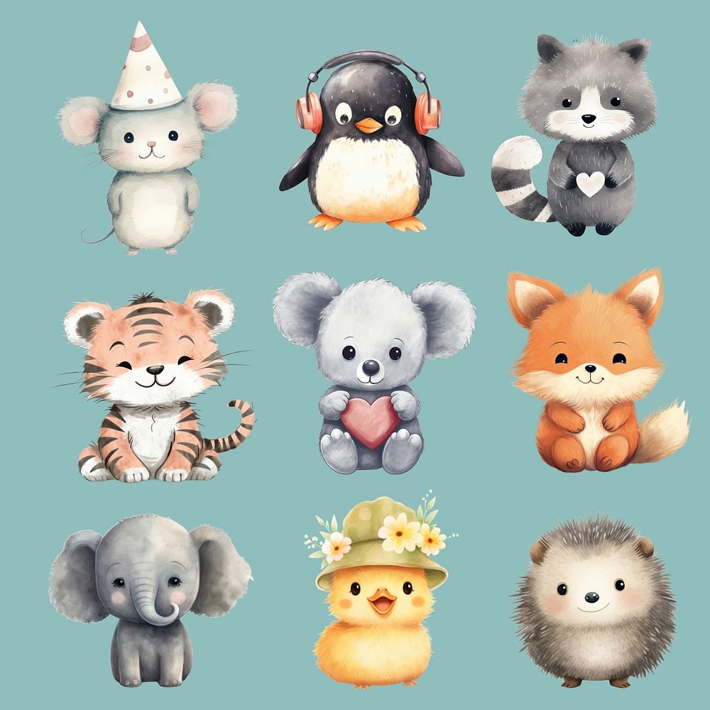 Cute animal character illustration element set