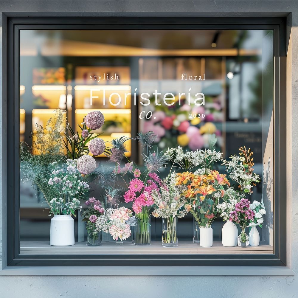 Floral shop window display mockup psd