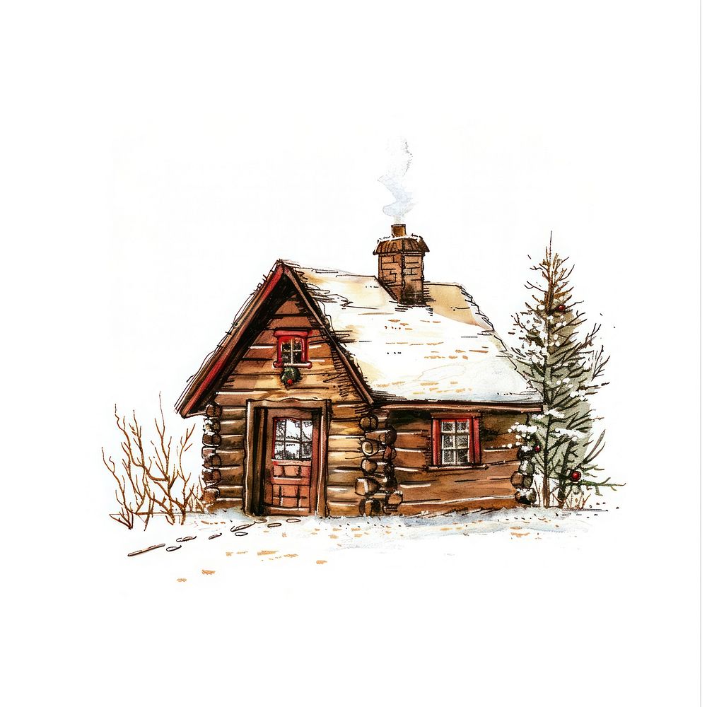 Cozy snowy cabin illustration art