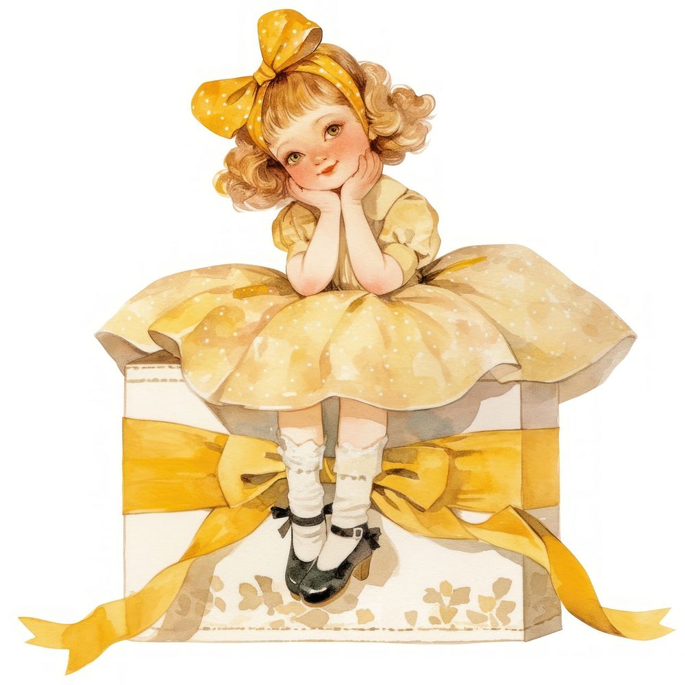 Vintage girl sitting gift box