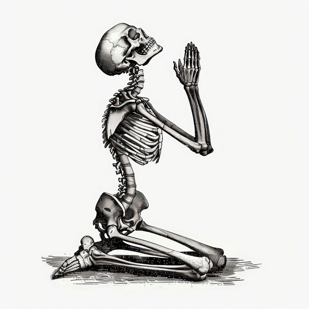 Skeleton praying in grayscale illustration