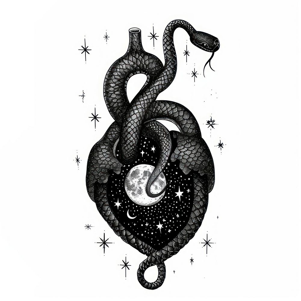 Mystical snake heart moon illustration