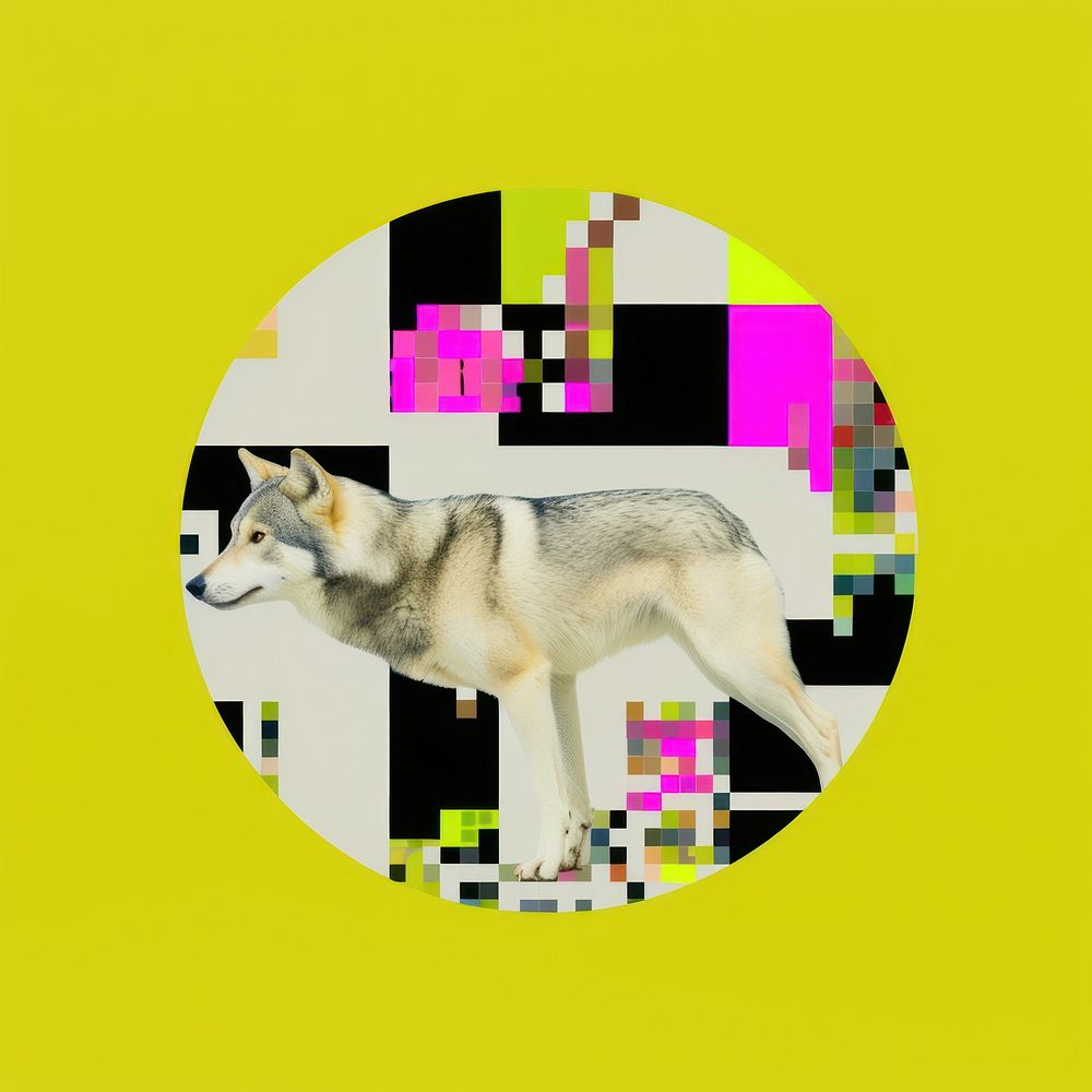 Collage art of animal and cmyk print marks canine mammal coyote.