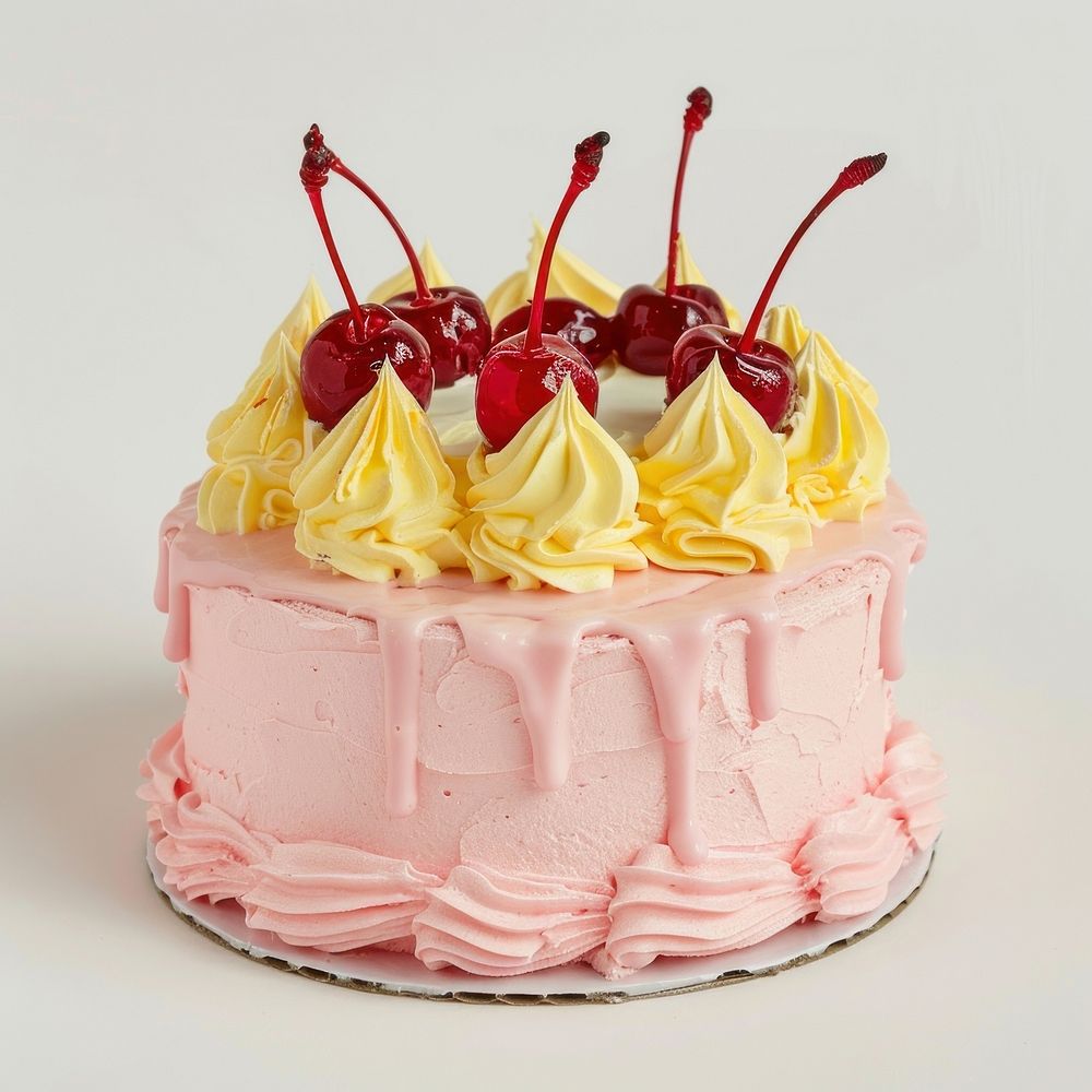 Cherry-topped pink frosted cake