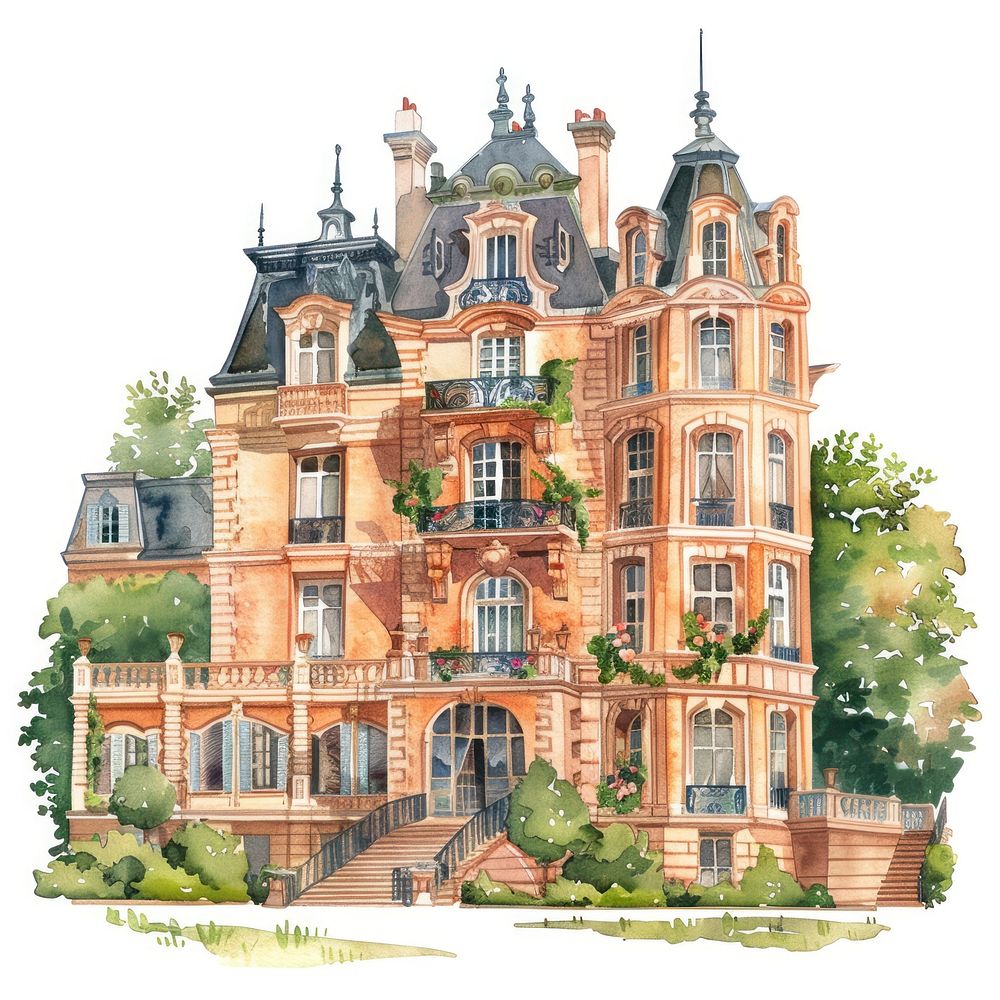 Elegant watercolor mansion illustration