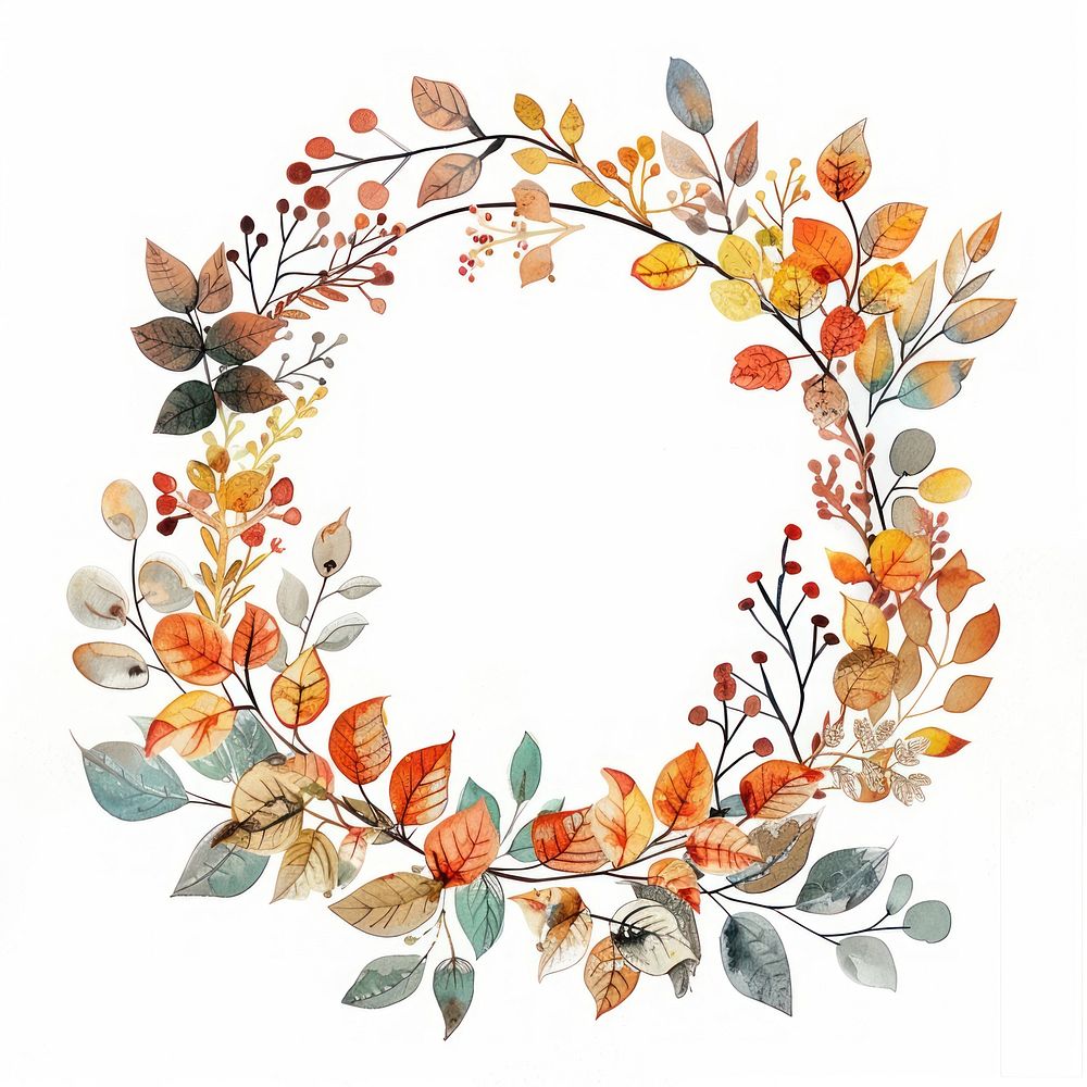 Autumn leaves watercolor wreath illustration