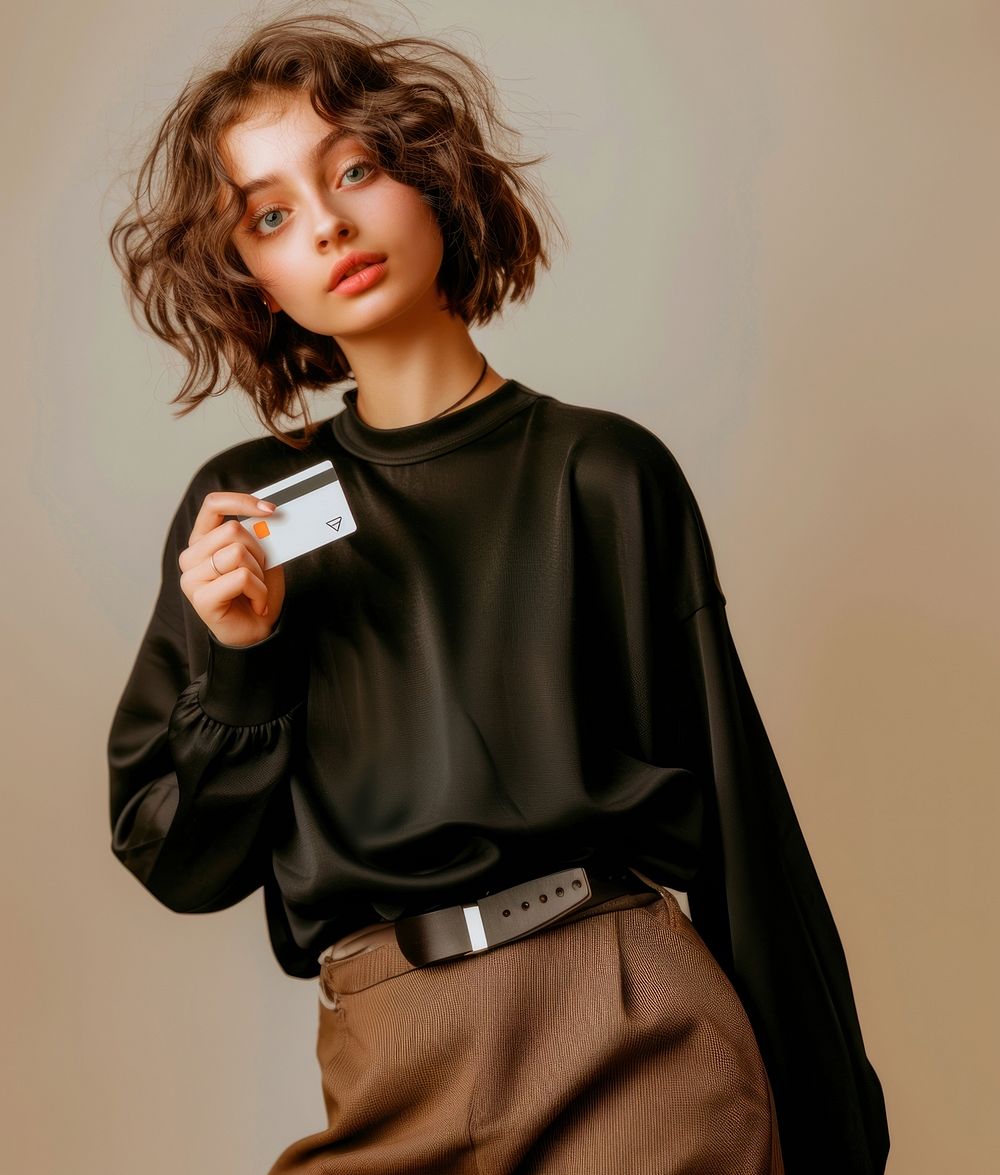 Fashionable woman holding card